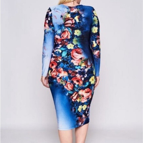 Floral Sweet Blue Bodycon Dress 4X - Picture 4 of 5